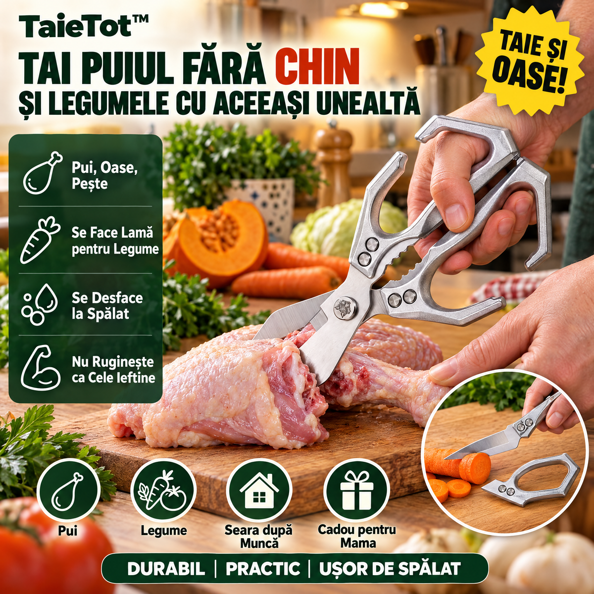 TaieTot™ — Foarfecă de Bucătărie 2-în-1 | Taie Pui, Oase și Legume